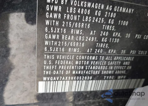 2017 Volkswagen Tiguan 2.0T/2.0T S z USA, uszkodzony, nr VIN WVGAV7AX9HK052930